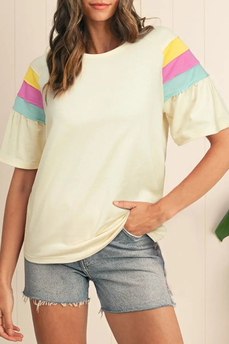 White Color Block Stitched Sleeve Loose T Shirt for Women - Love Salve
